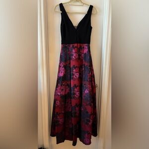 Black Bodice Burgundy Floral A-Line Prom Dress